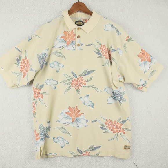 Tommy Bahama Other - Tommy Bahama Polo Mens Lage Beige Floral Stretchy Hawaiian Aloha Camp Summer